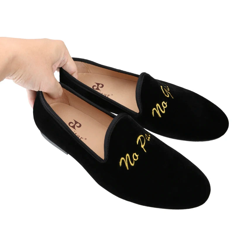 Black Velvet Moccasins with Gold Personality Embroidery for Party and Banquet Handmade Slip On Loafers