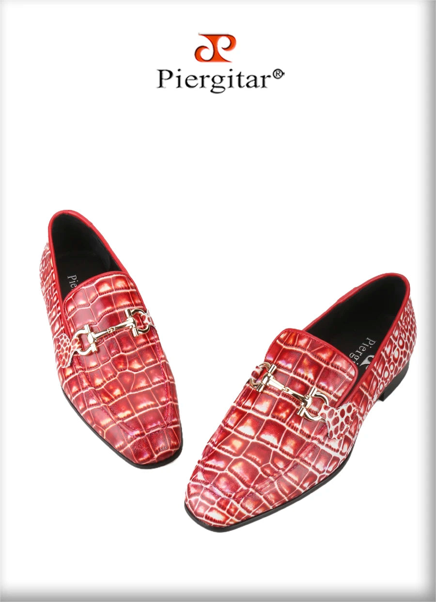 Piergitar Classic Model Gold Horsebits Men's Loafers Red And Light Green Crocodile Pattern Calfskin Handmade Slip-On Slippers