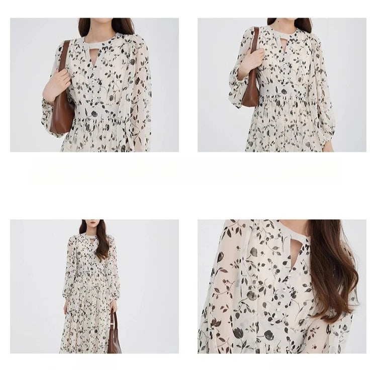 Floral Midi Dress Women Sweet A-Line Long Sleeve Hollow Out Dress Elegant High Waist Casual Long Dress Daily or Vacation Outfits