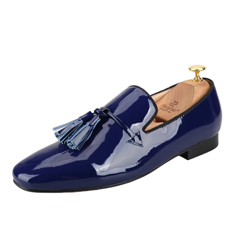 2024 New Model Royal Blue & Black Patent Leather Mens Tassels Shoe for Fashion Party Handmade Slip On Loafers