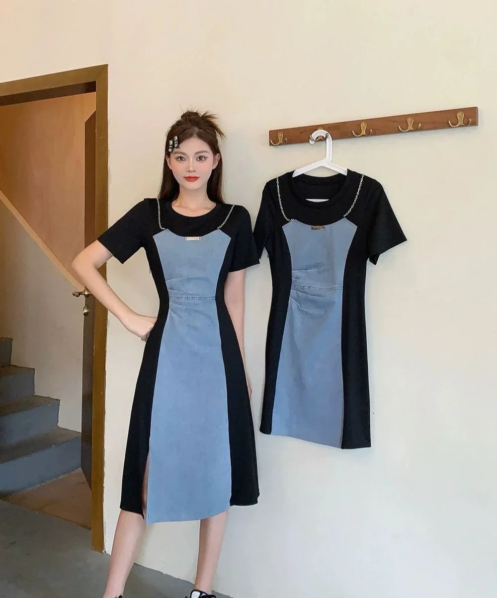 Midi Denim Women Dress Split Sleeve