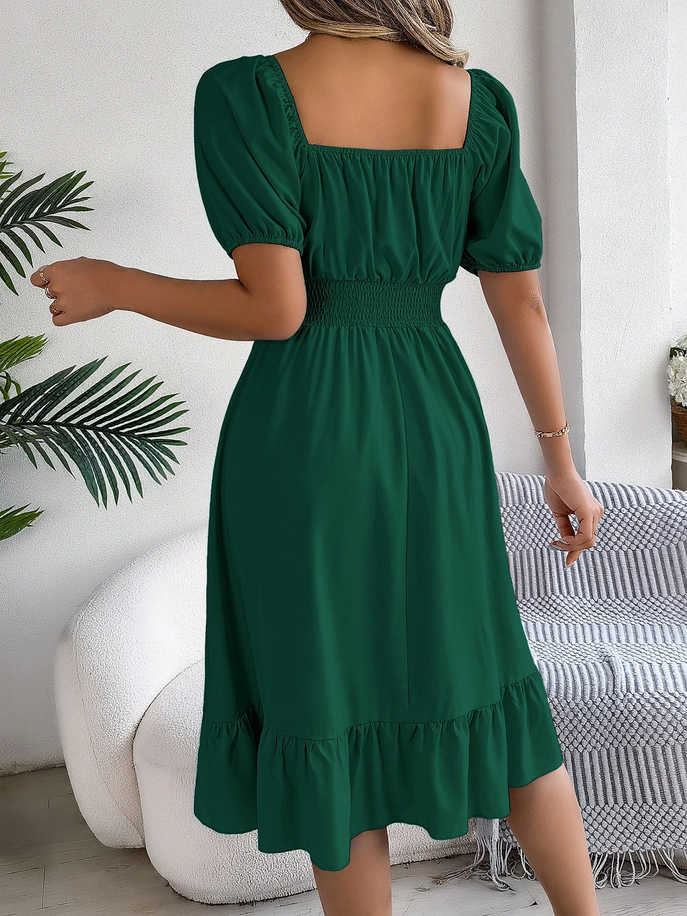 2024 New Fashion Solid Puff Sleeve Square Neck Ruched Bust Ruffle Hem Wasit Dress, Women's Clothing