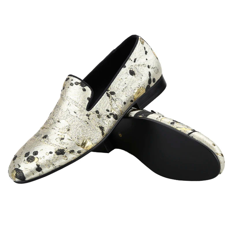 Piergitar Gold Color Ink Embossed Silk Men's Loafers Slip-On Model Handmade Moccasins For Wedding Breathable Leather Insole