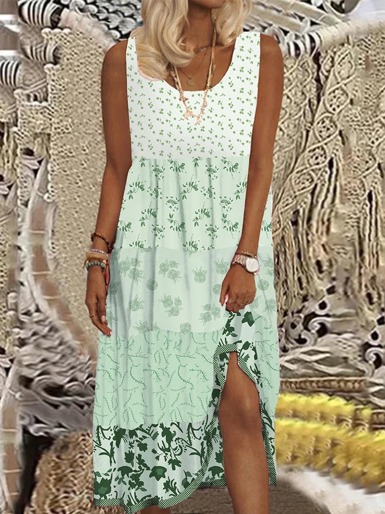 Plus Size Floral Printed Sleeveless Midi Dress