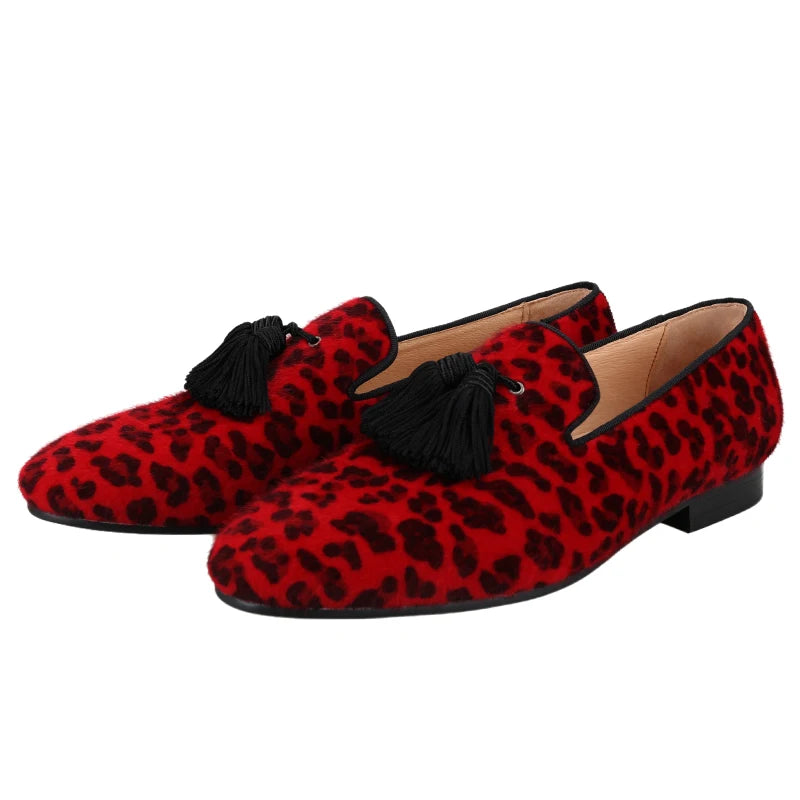 Piergitar Red And Black Animalier-Printed Superior Velvet Slippers With Handmade Silk Fringed Tassels Slip-On Men's Loafers