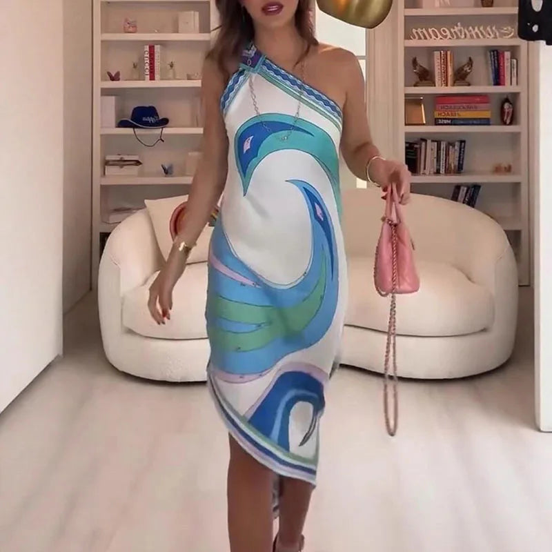 Summer Sexy Inclined Shoulder Hollow Satin Dress Woman Casual Print Loose Irregular Dress Spring Skew Collar Backless Long Dress