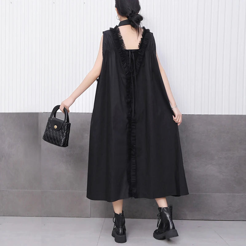 Front Pocket New 2025 Summer Korean Style Woman Black Sleeveless Shirt Dress Loose Fit Chic Holiday Casual Big Size Robe JKXD003