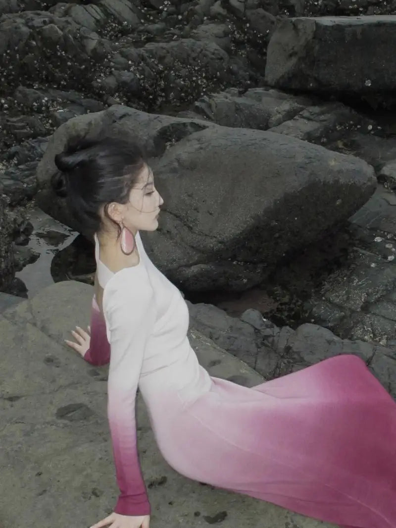 Tie-Dye Gradient Spring/Autumn Dress with Exquisite Back Cutout and Elegant Long Skirt