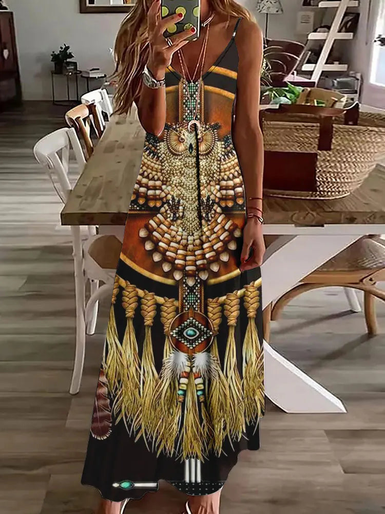 Women's Long Spaghetti Strap Tribal Pattern Dress
