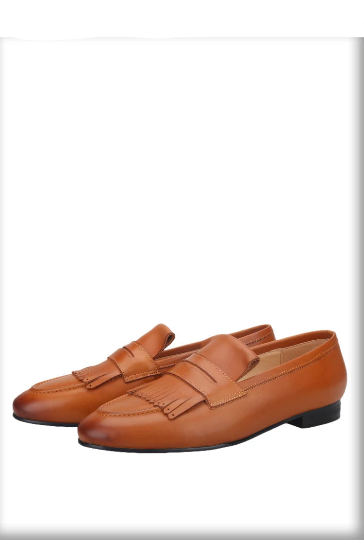 Yellow and Brown Colors Calfskin Slip-On Mens Dress Shoes for Party Handmade Male Smoking slippers