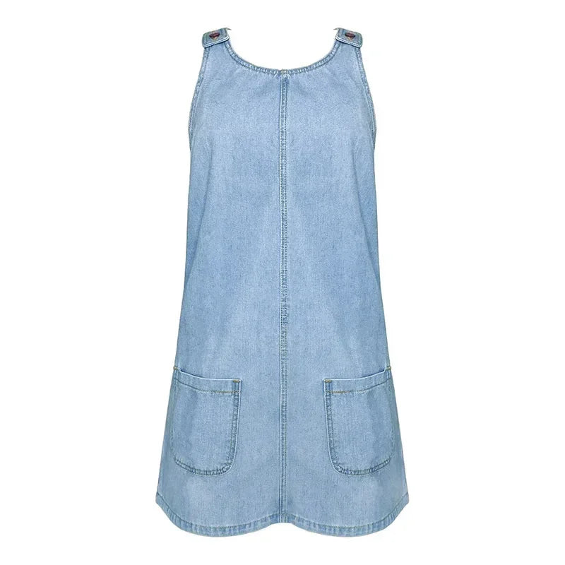 Women's Denim Dress Sexy Cool Strap Mini Dress Solid Color Sleeveless Pockets High Waist