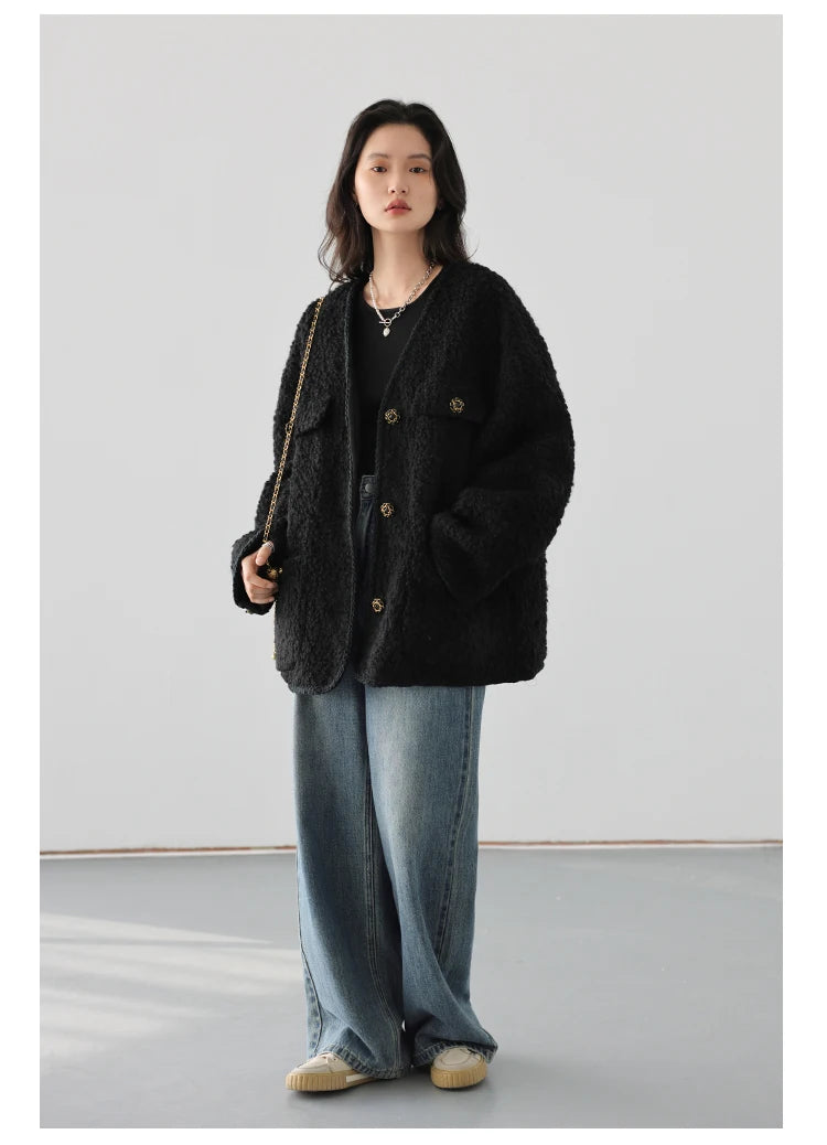 CHIC VEN Women's Woolen Coat Heavy Industry Down Jacket Vintage V-Neck Woman Down Coat Female Tops Autumn Winter 2024