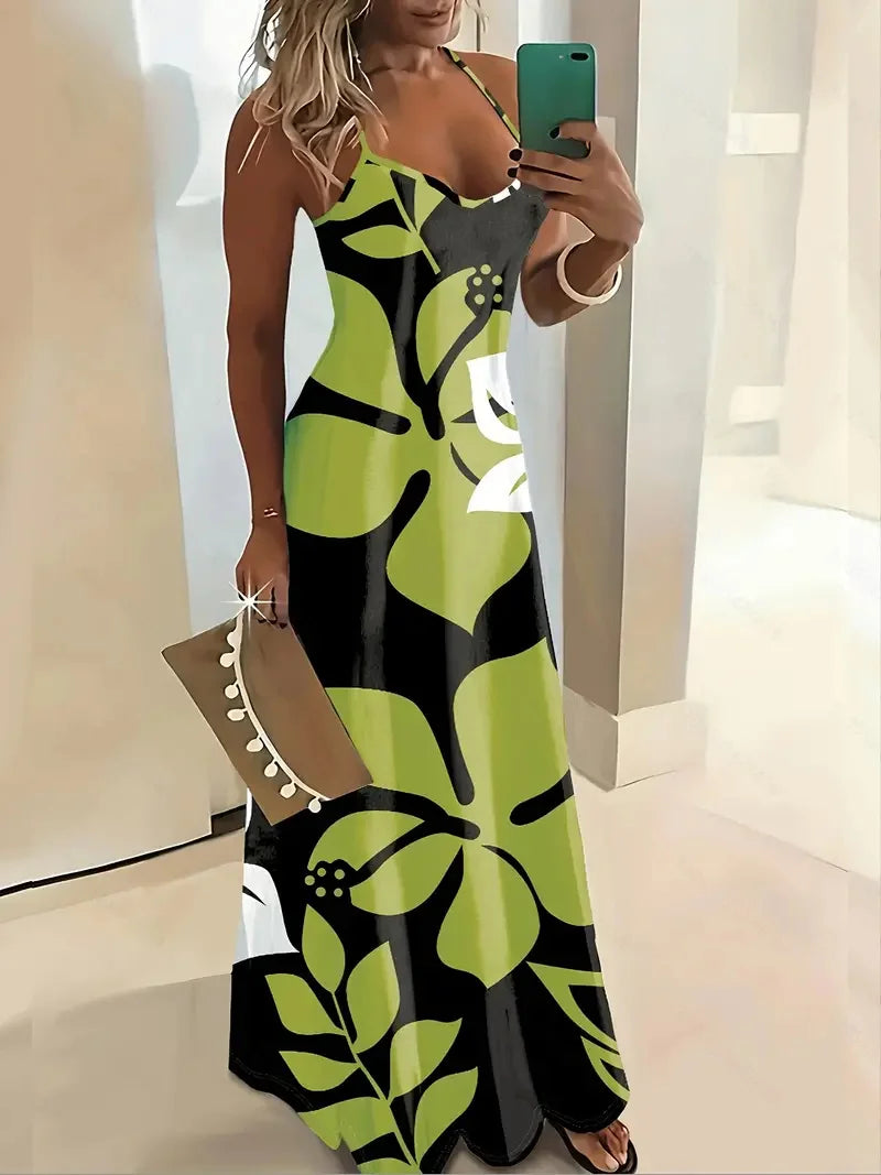 Summer Fashion Loose Women's Long Dress Colorful Botanical Flower Print V-Neck Print Casual Long Dress Bohemian Beach Dress