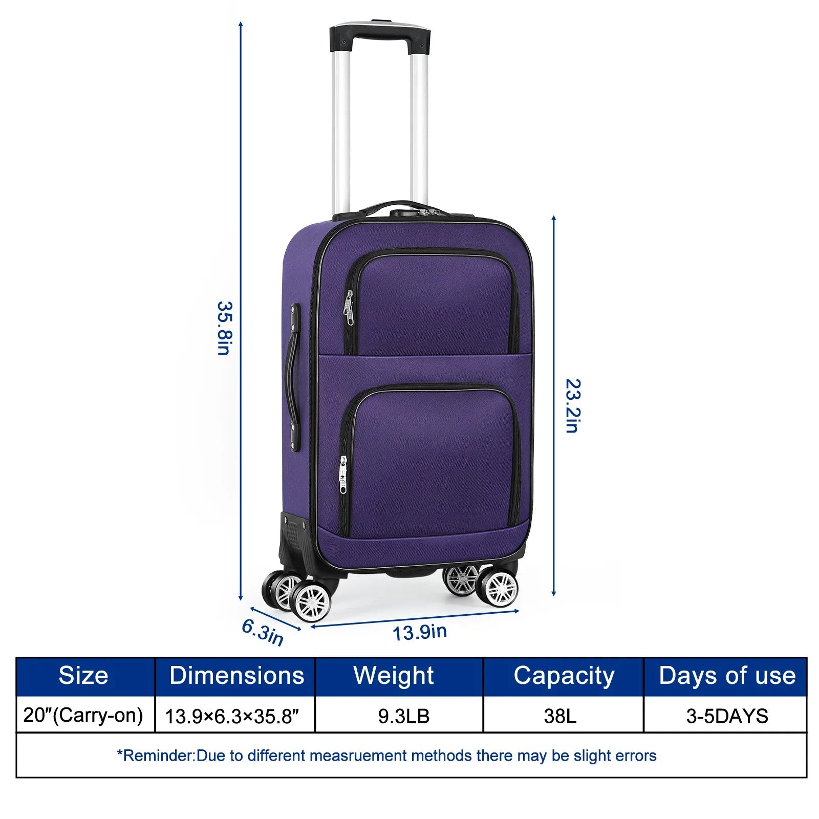 20 inch lightweight luggage with rotating wheels
