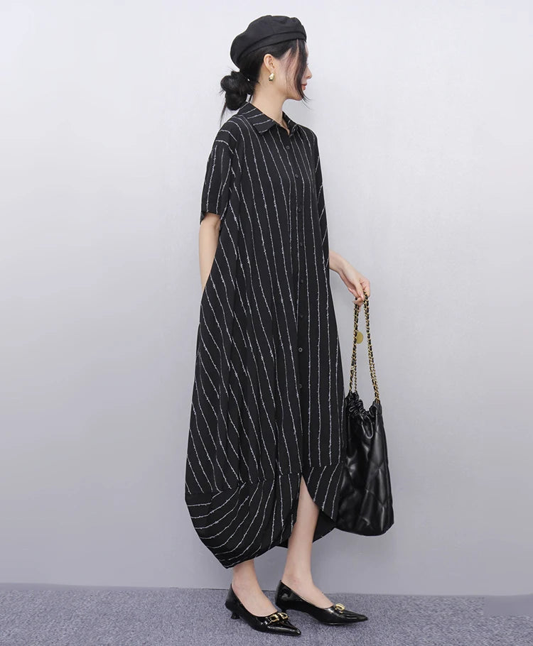 New 2025 Summer Woman Short-Sleeve Black Striped Shirt Dress Loose Fit Chic Big Size Casual Holiday Irregular Large Robe JKXD017