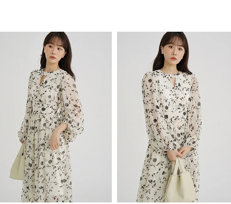 Floral Midi Dress Women Sweet A-Line Long Sleeve Hollow Out Dress Elegant High Waist Casual Long Dress Daily or Vacation Outfits