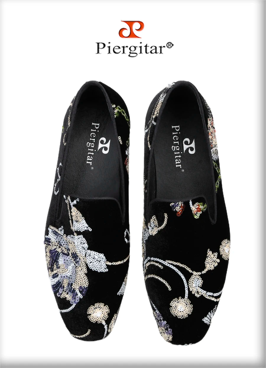 Piergitar Black And Grass Green Velvet With Handmade Classical Chinese Style Sequin Embroidery Men's Loafers Red Sole Moccasins