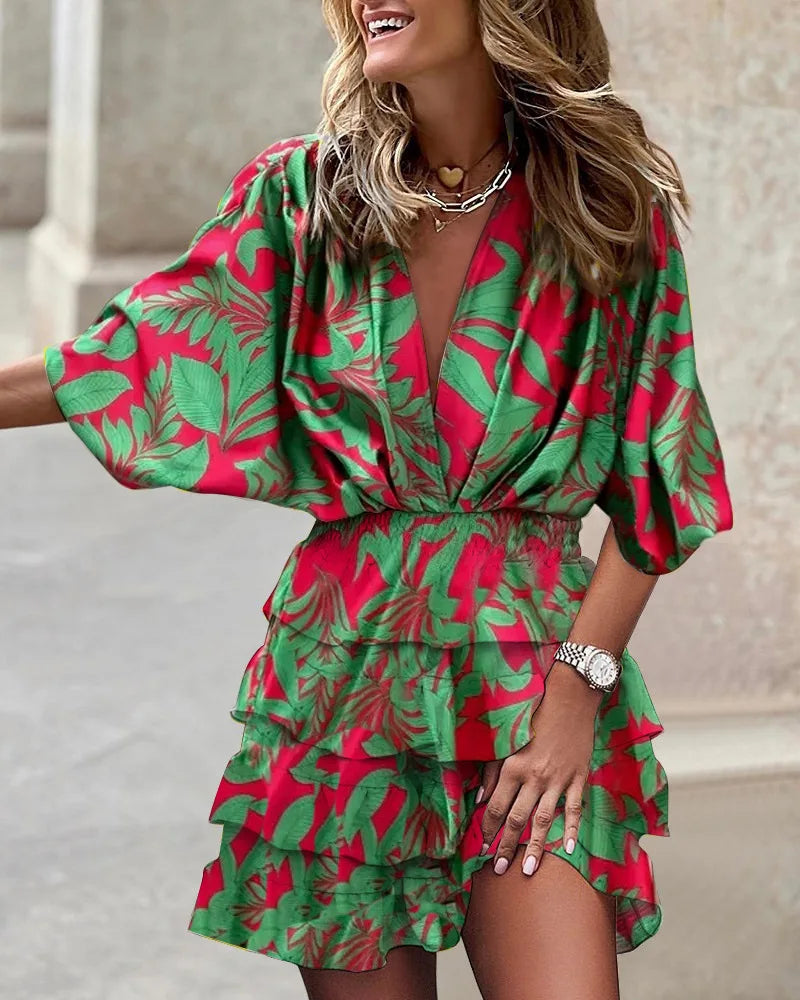 Women's V-Neck Elastic Waist Printed Ruffle Dress