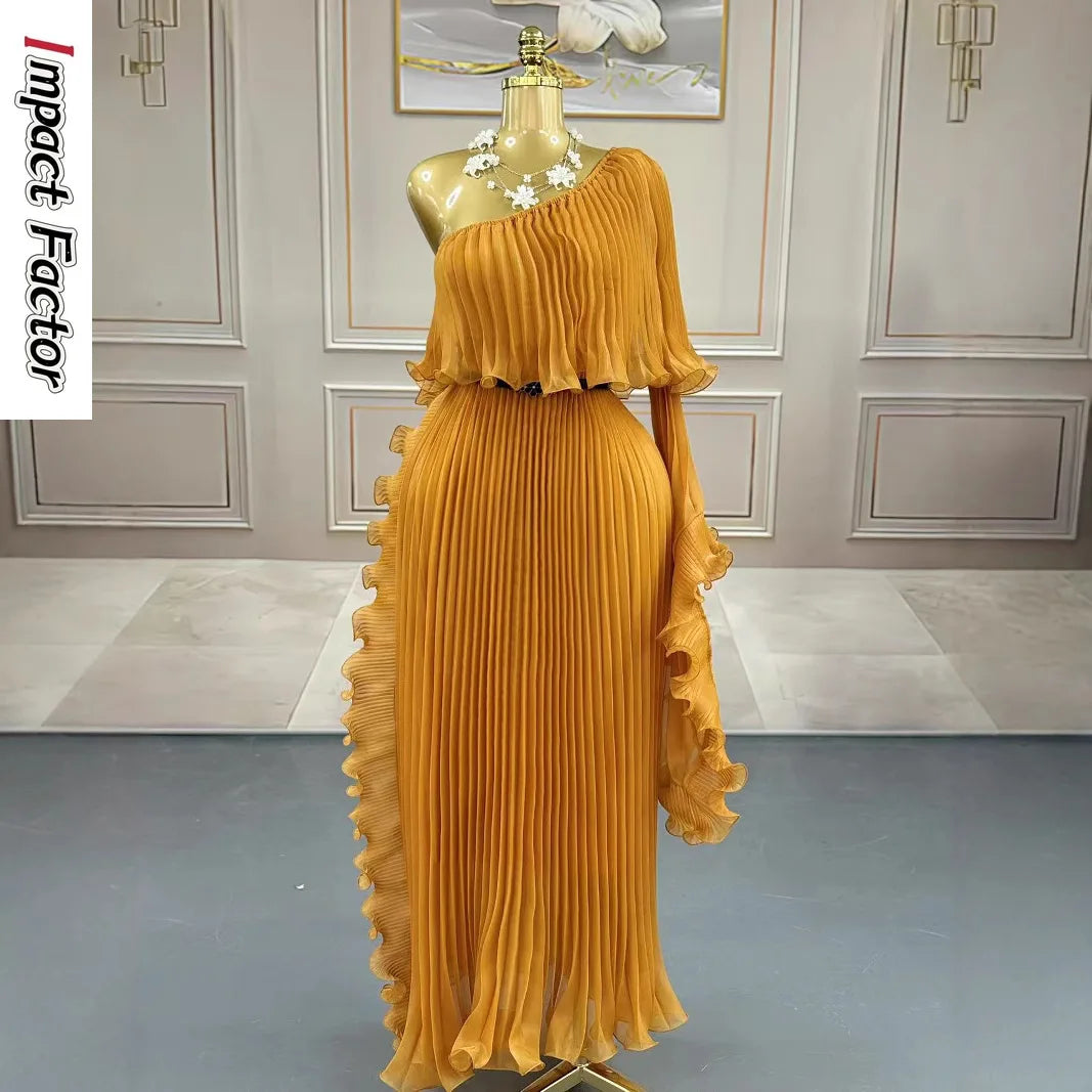 Miyake Dress2025 New Miyake Pleated Lotus Leaf Dense Edge Design Slanted Shoulder Single Sleeve Dress Women