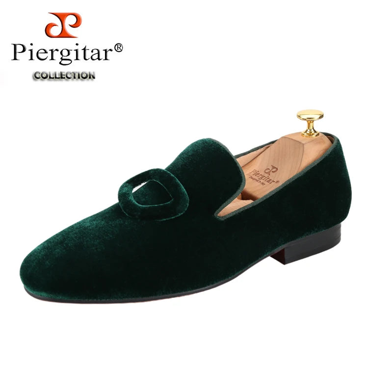 Piergitar New Arrival Two Colors Velvet Men's Smoking Slippers With Matching Velvet Buckles Handmade Slip-On Loafers Red Bottom