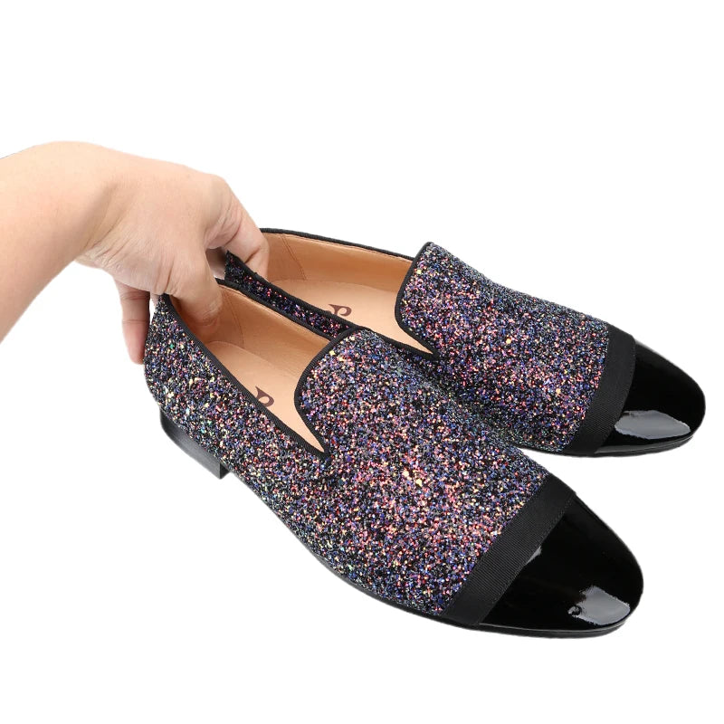 Piergitar Flash Purple Sequined Canvas Slippers With Patent Leather Toes Handmade Men Moccasins For Party And Wedding Plus Size