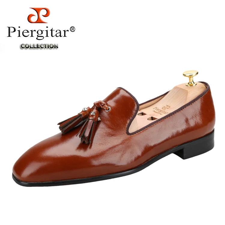 Piergitar Patinated Calf Leather Iconic Dandelion Loafers With Tassels Featuring Metal Spikes CL Brand Same Model Men Moccasins