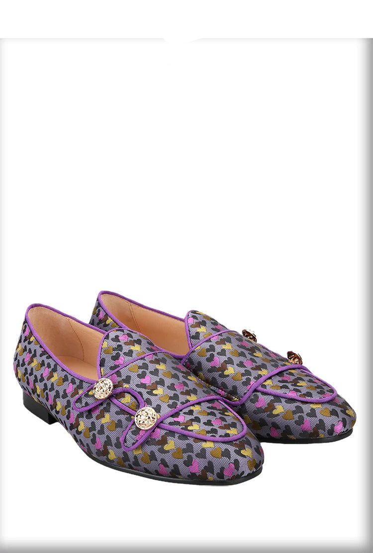 Men's slip-on monk shoes with gold buttons and a violet color silk heart jacquard, made by hand.