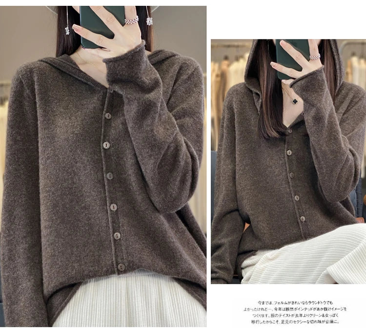 First Line 100% Merino Wool Knitted Cardigan Women's Autumn And Winter Hoodie Loose Sweater Fashionable Versatile Coat Top YC014