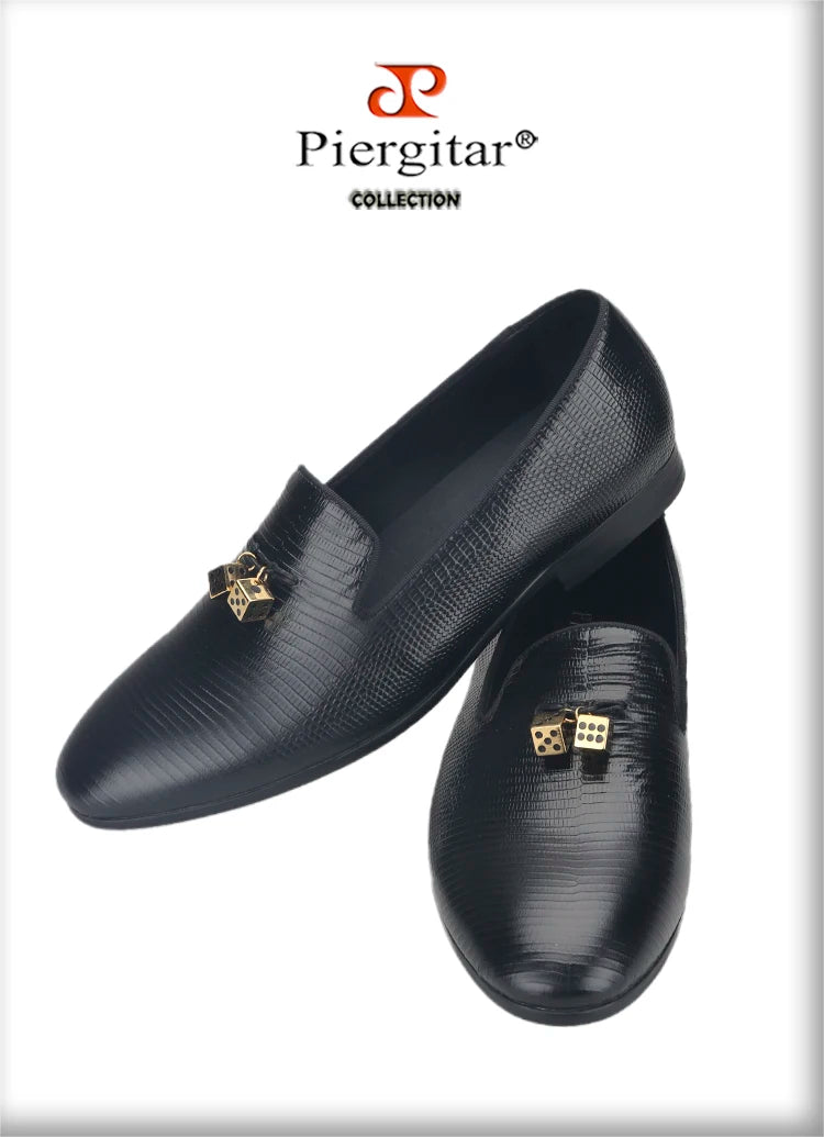 Piergitar Black Lizard Embossed Leather Men Loafers With Gold Titanium Steel Dice Buckle Tassels GZ Same Design Slip-On Moccasin