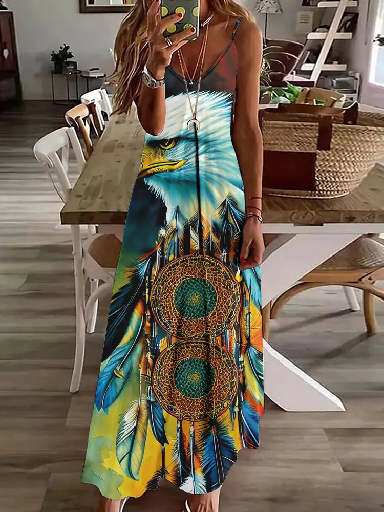 Women's Long Spaghetti Strap Tribal Pattern Dress