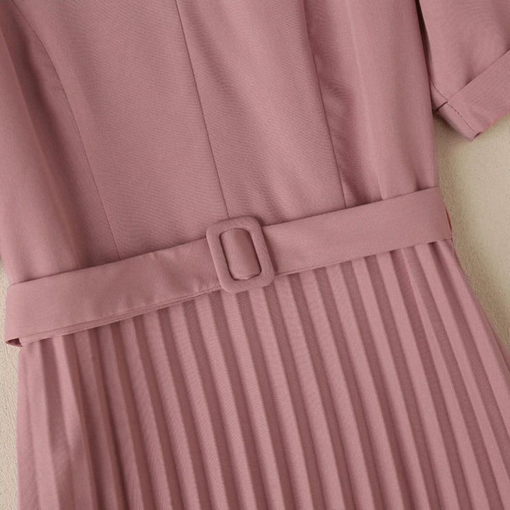 Summer Dress Women V-neck Short Sleeve Solid Pleated