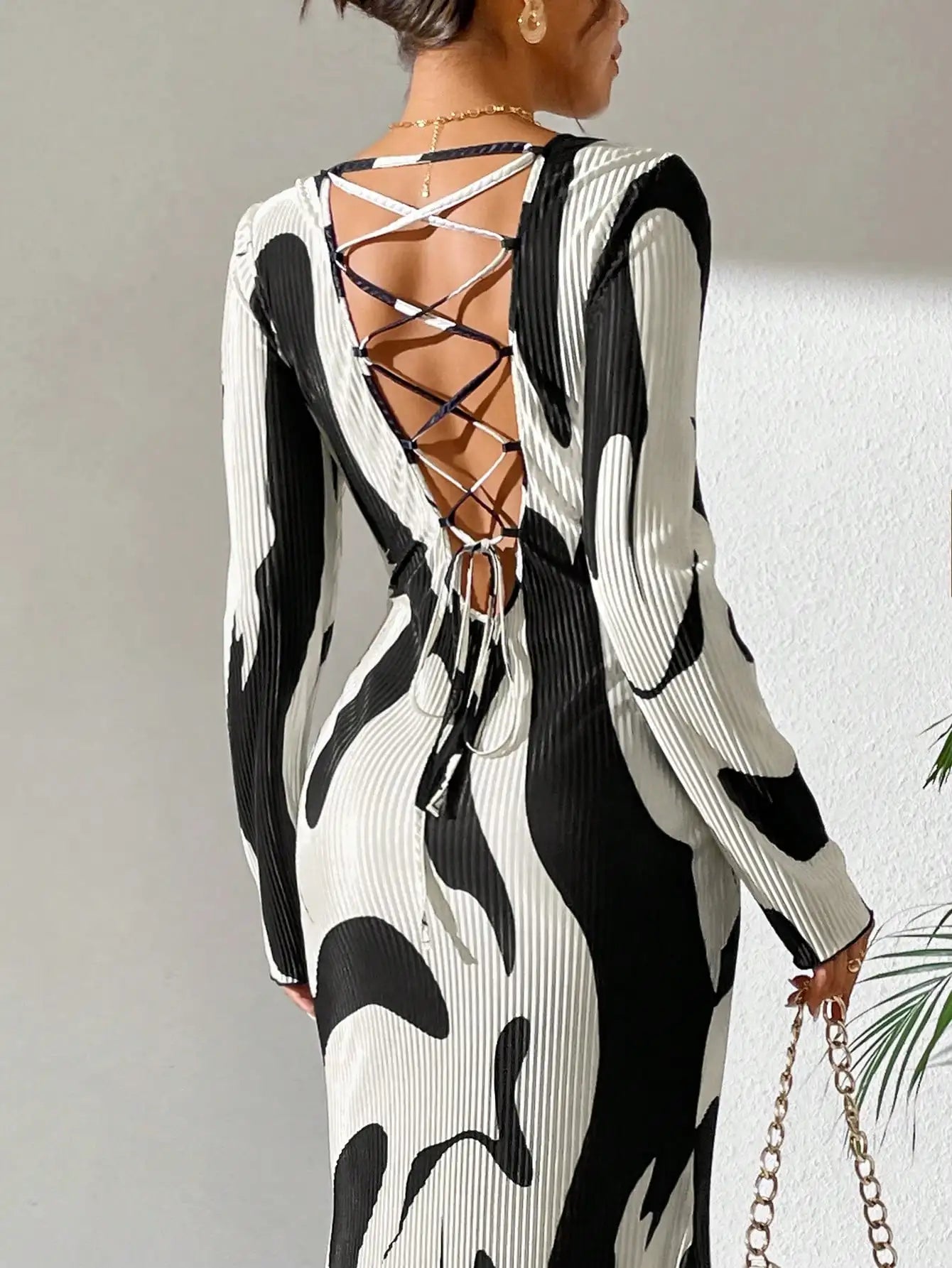 Long Sleeve Crew Neck Open Back Tie Up Women Bodycon Dress Maxi Women Outfit