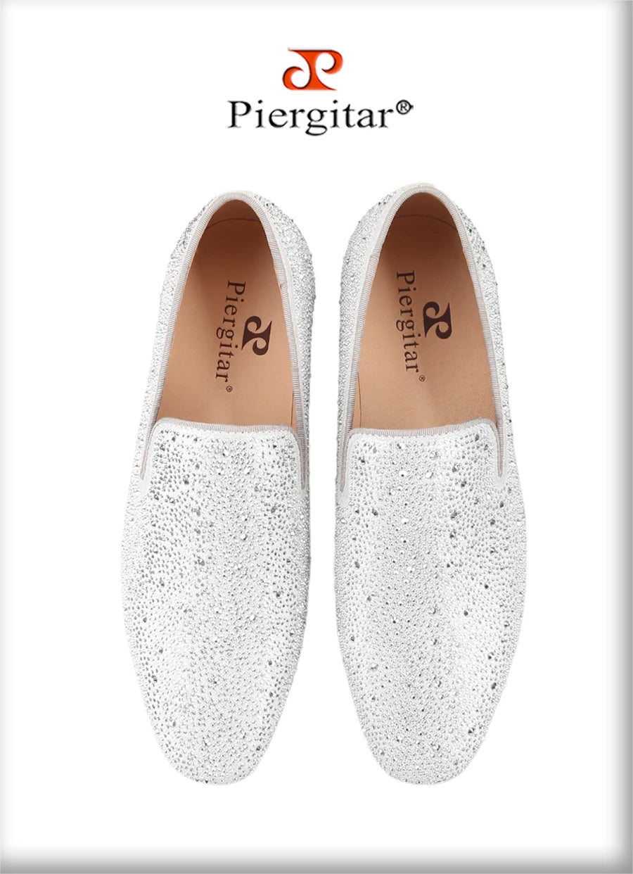 Piergitar Sliver Genuine Leather Men's Loafers With Handmade Bright And Shiny Rhinestones For Fashion Party/Banquet Red Bottom