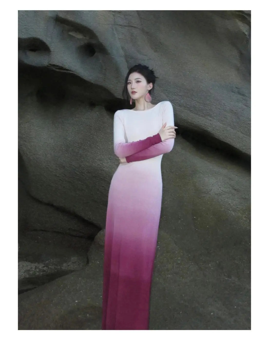 Tie-Dye Gradient Spring/Autumn Dress with Exquisite Back Cutout and Elegant Long Skirt