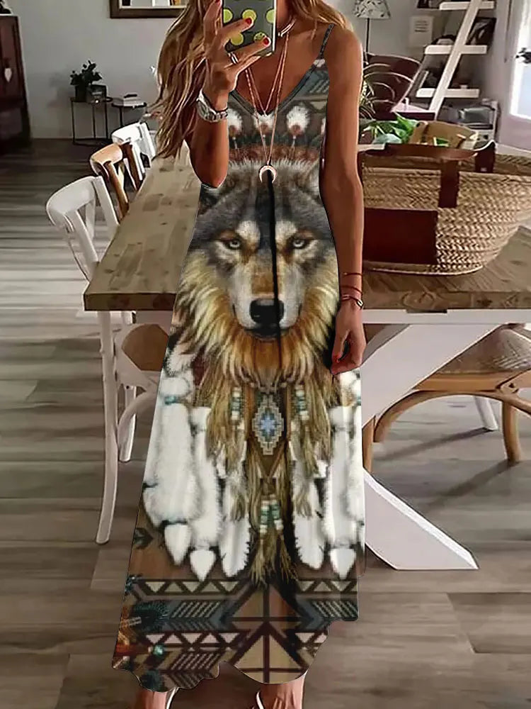 Women's Long Spaghetti Strap Tribal Pattern Dress