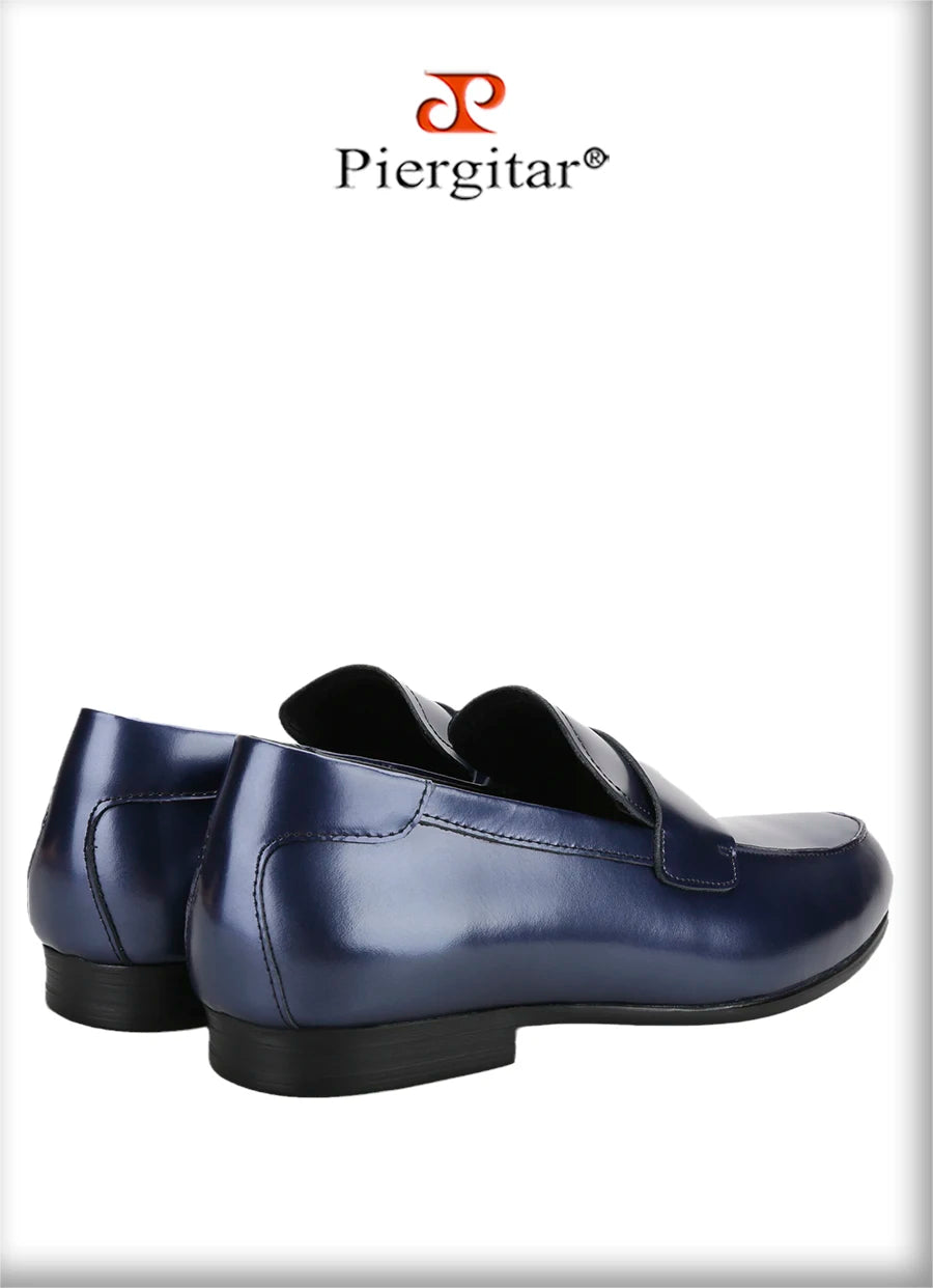 Piergitar Navy-Purple Smooth Genuine Leather Men's Penny Loafers Handmade Slip-On Male Flat Shoes For Party/Wedding Suit Wear