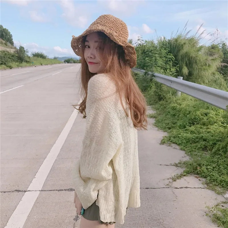 Women Women's Korean College Style Lazy Loose Sunscreen Cardigan Summer Sexy Knitting Cardigan One Size