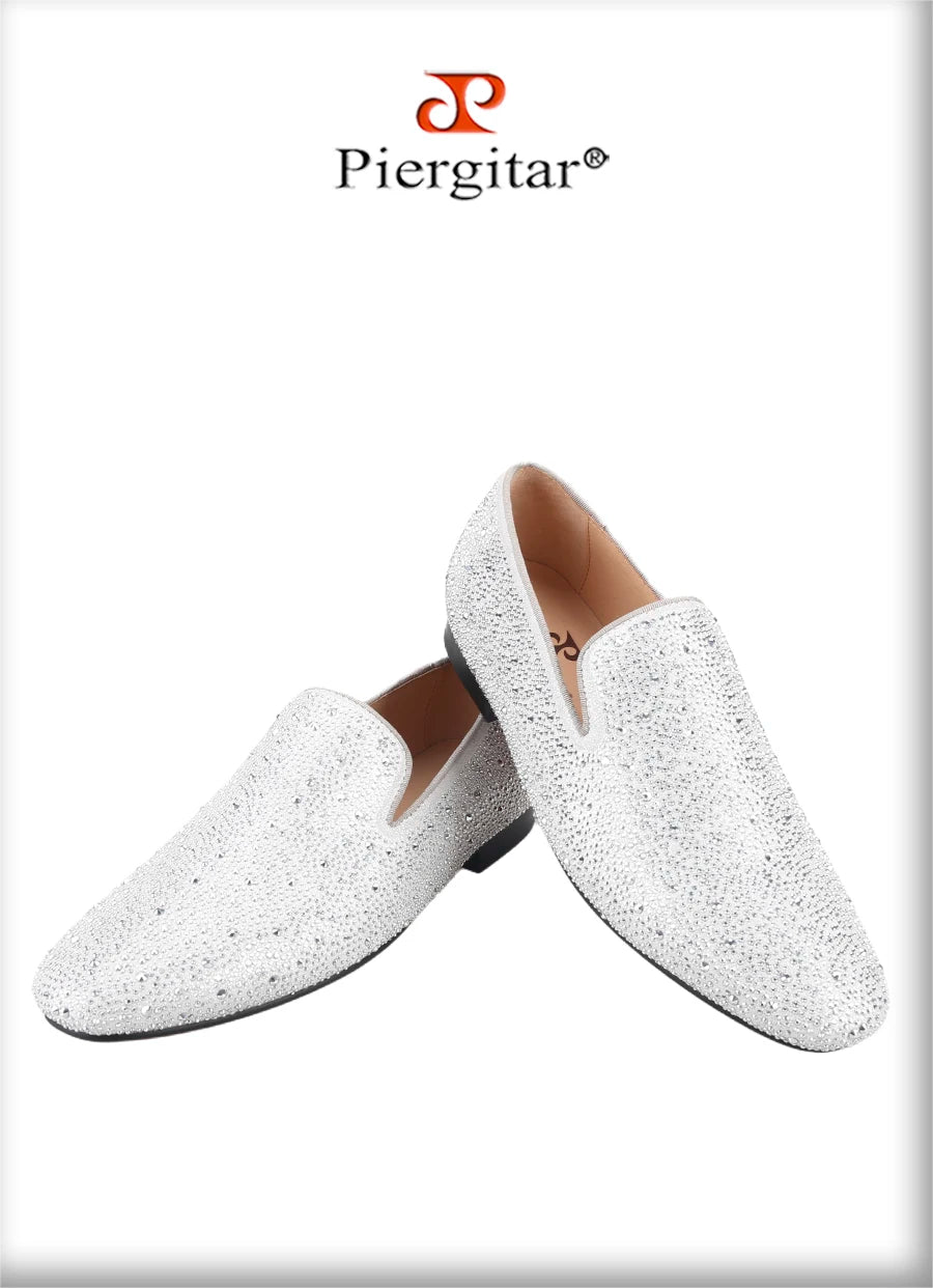 Piergitar Sliver Genuine Leather Men's Loafers With Handmade Bright And Shiny Rhinestones For Fashion Party/Banquet Red Bottom