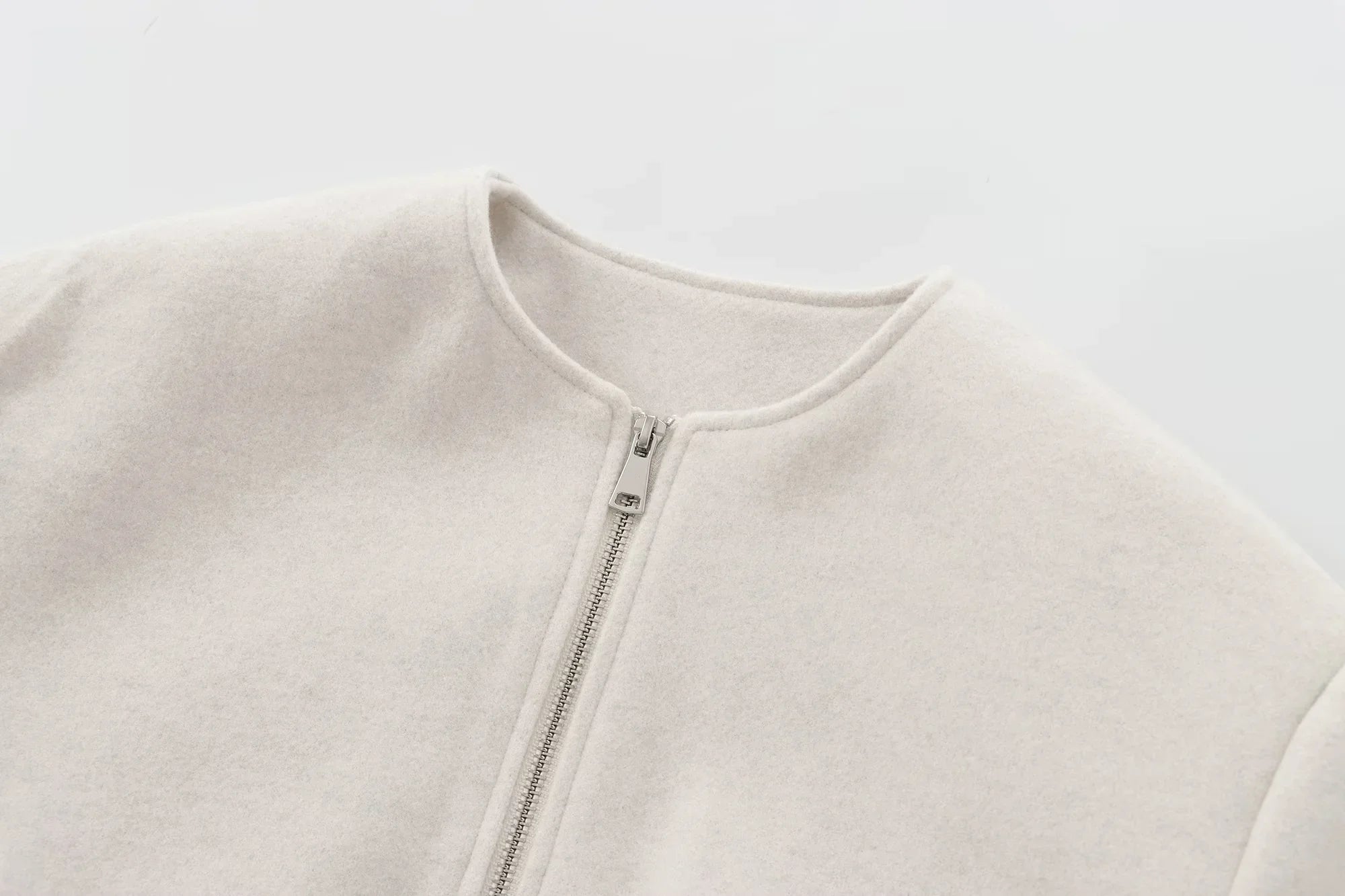 TRAF Outerwears Cropped Bomber Jacket Women Autumn Long Sleeve Faux Wool Coats For Woman Winter Zip Up Gray Beige Short Coats