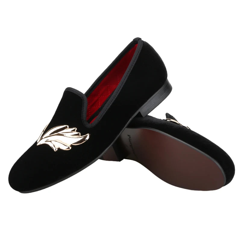 Piergitar Handcraft Black Velvet Slip-On Shoes With Gold Wings Metal Buckles For Wedding And Prom Classic Style Men's Loafers