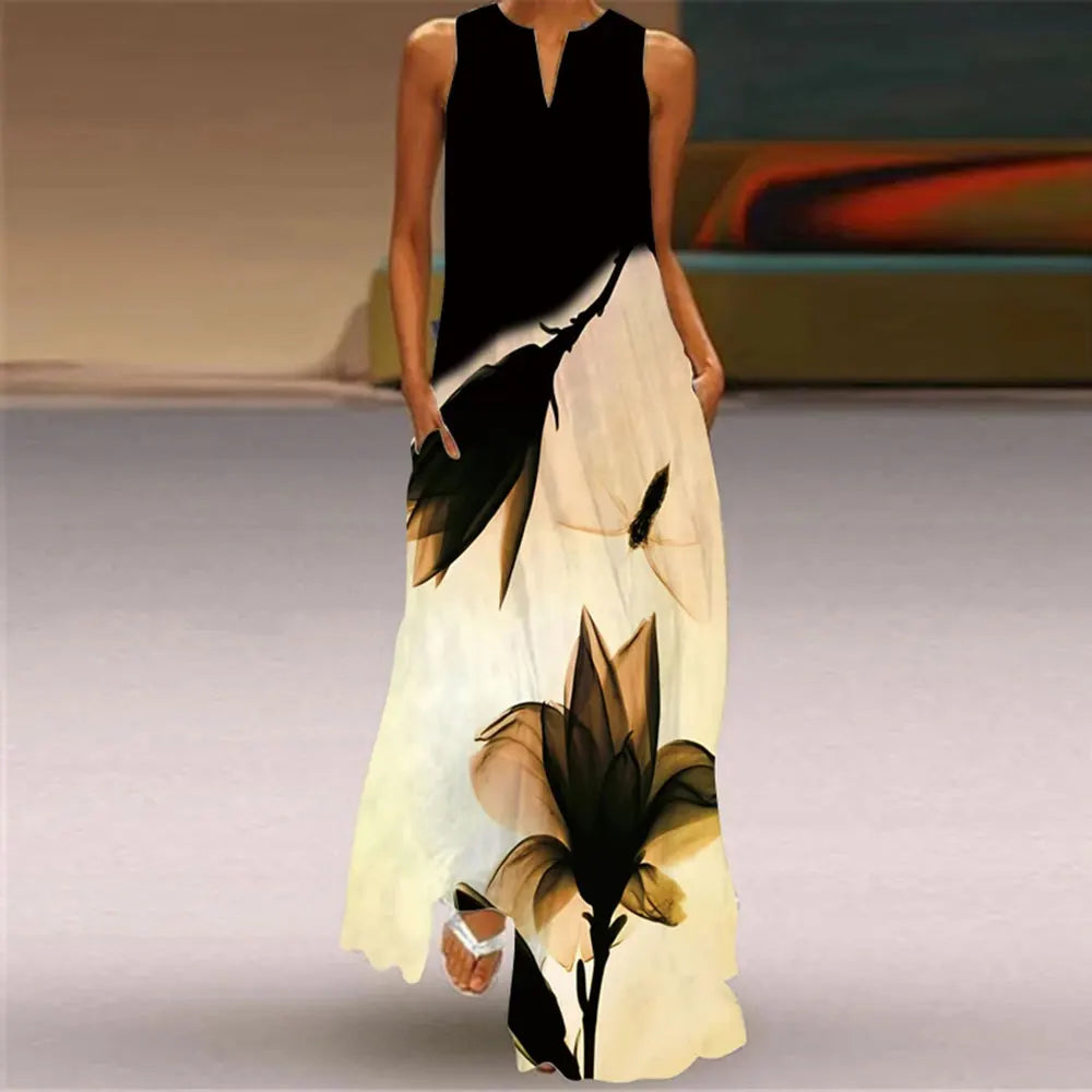 Women'S Dress Fashion Floral Print Dress Women'S Elegant Sleeveless Evening Gown Women'S Plus-Size V-Neck Vest Pocket Dress