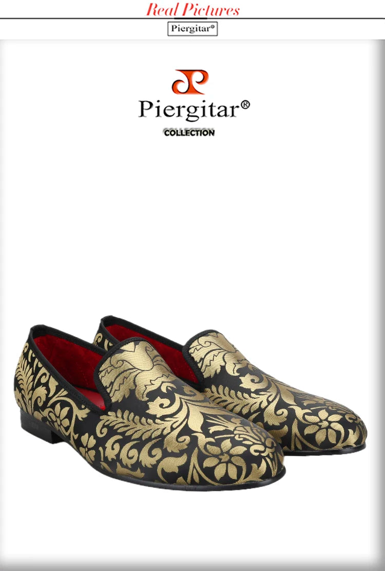 Piergitar 2023 New Upgrade Style Baroque Gold Jacquard Silk Men Loafers For Party Pair With Gold Suit Plus Size Moccasins