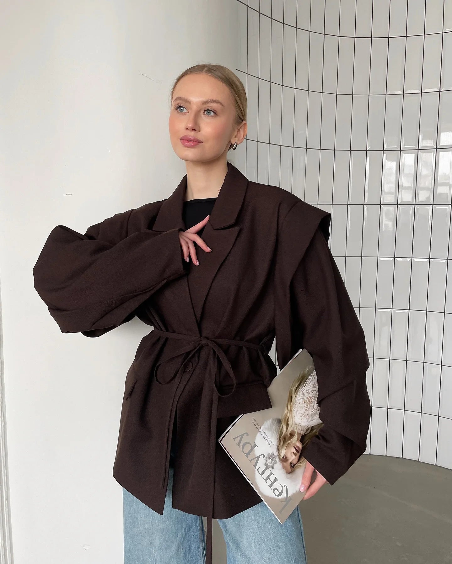 Trendy Lace-up Waist Cinching Blazer Woman Casual V-neck Solid Office Outerwear 2025 Autumn New Commute Long Sleeve Short Coats