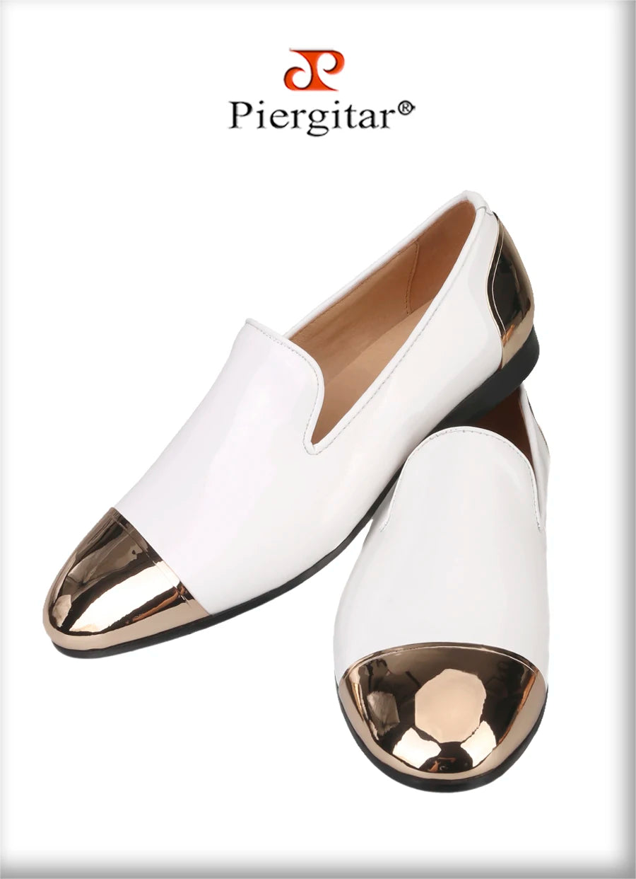 Piergitar Black/White Patent Leather Slip-On Slippers For Party Customised Front And Rear Metal Buckles Handmade Men's Loafers