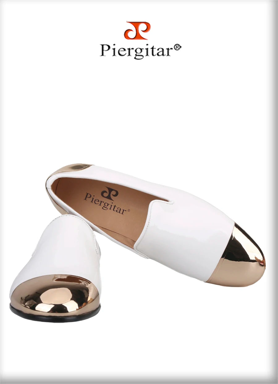 Piergitar Black/White Patent Leather Slip-On Slippers For Party Customised Front And Rear Metal Buckles Handmade Men's Loafers
