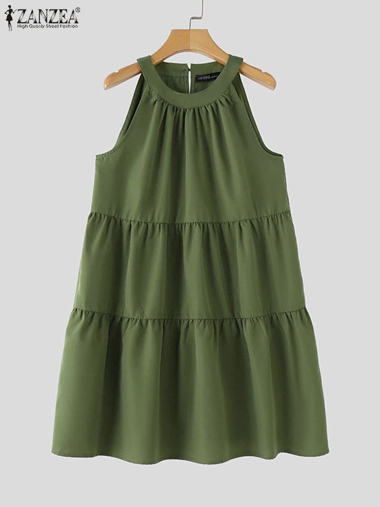 ZANZEA Summer Halter Sleeveless Tiered Dress Women Korean Ruffle Patchwork Robe 2024 Beach O-neck Loose Sundress Sweety Vestidos