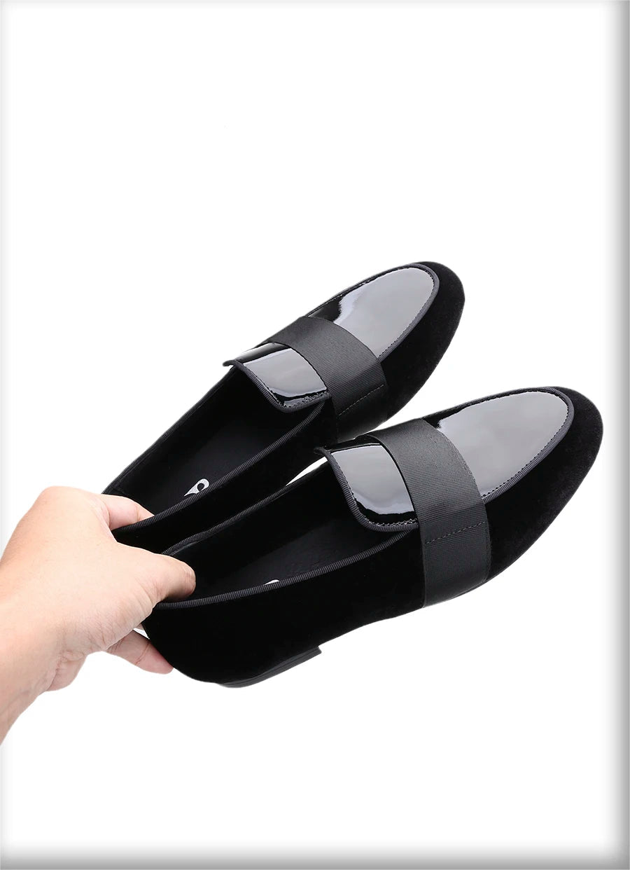 Black Velvet Patent Leather Loafers with Horizontal Band Handmade Flats for Party Formal Suits