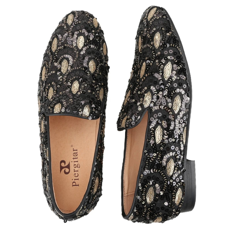 Mens smoking slippers handmade with leather insoles and gold and black glitter beads