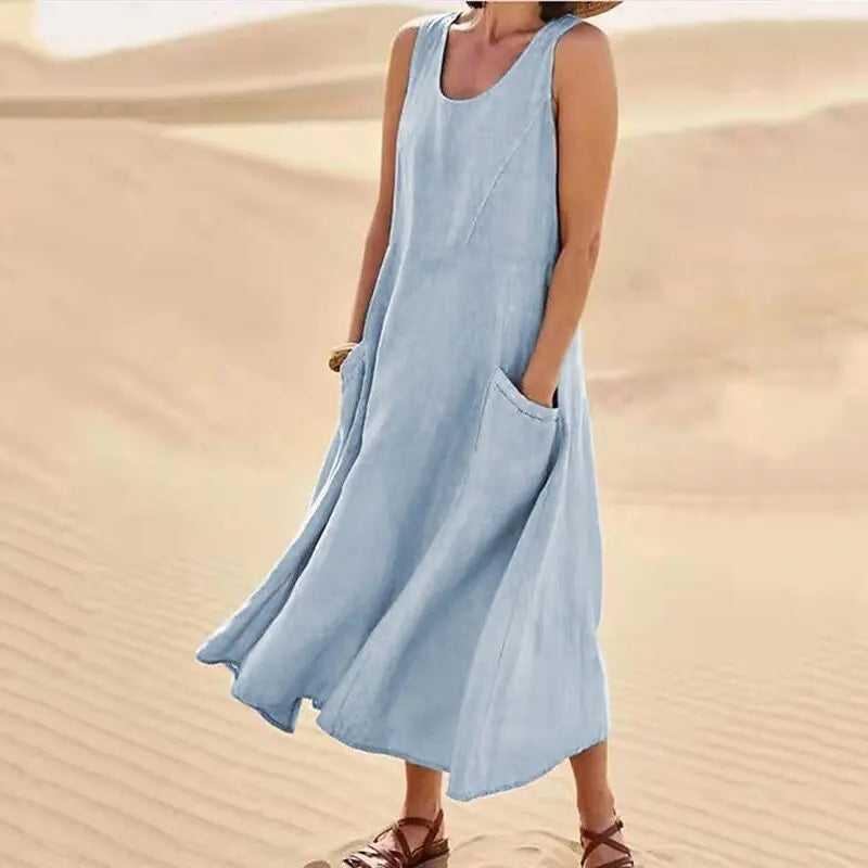 Women Linen Sundress Summer Female Sleeveless Double Big Pocket Loose Sand Beachwear Long Dress Oversized