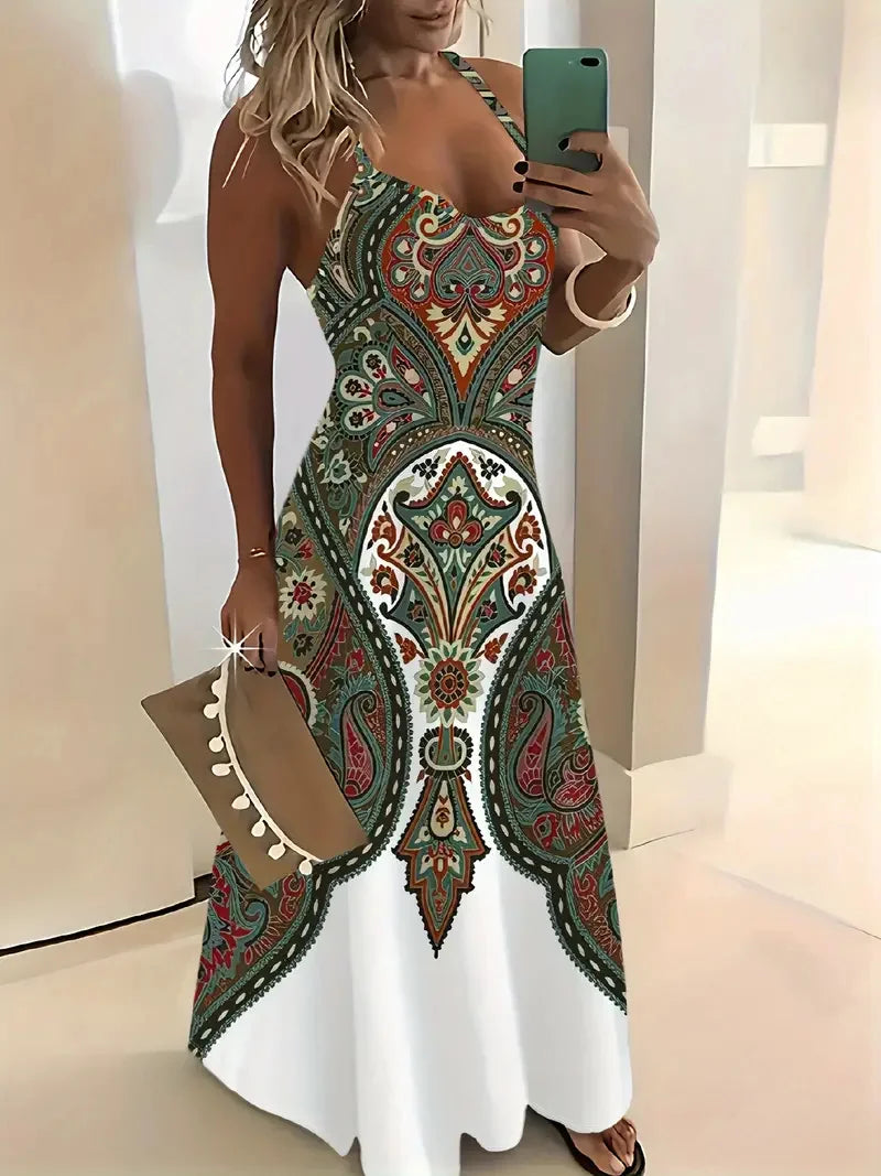 Summer Fashion Loose Women's Long Dress Colorful Botanical Flower Print V-Neck Print Casual Long Dress Bohemian Beach Dress
